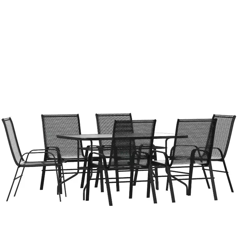 Set da patio sette pezzi Emma and Oliver con tavolo in metallo con piano in vetro temperato e 6 sedie impilabili Flex Comfort