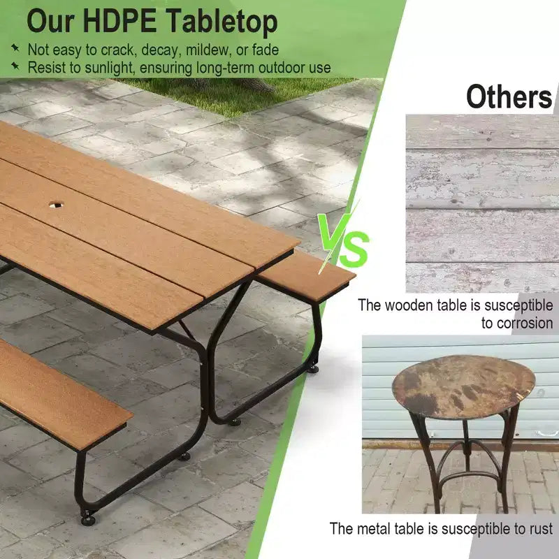 Set Tavolo da Picnic e Panche Costway da 1,8 m, da Esterno, in HDPE, Resistente, per 6-8 Persone, Marrone/Grigio