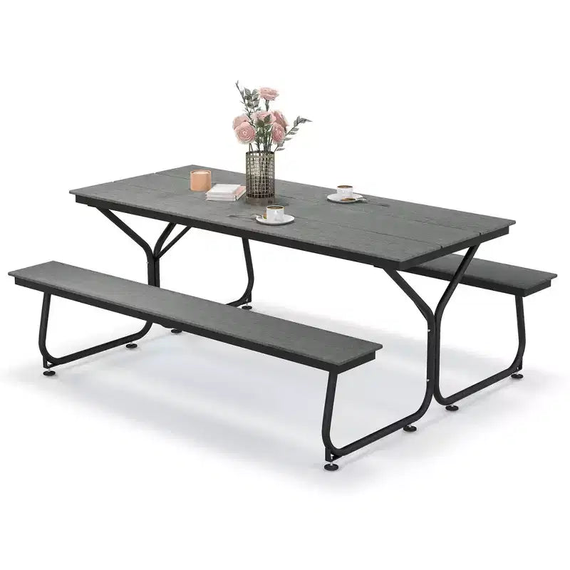 Costway Ensemble table et banc de pique-nique 1,8 m Extérieur HDPE Table robuste pour 6 à 8 personnes Marron/Gris