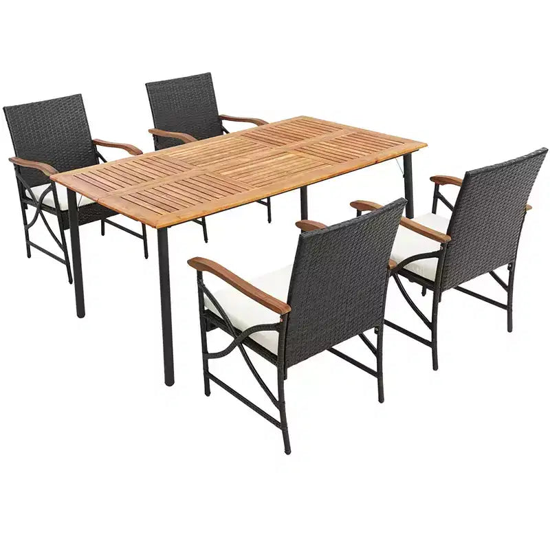 Costway Set da Pranzo da Esterno 5 Pezzi in Vimini, Poltrone con Cuscini, Tavolo in Legno di Acacia con Foro per Ombrellone