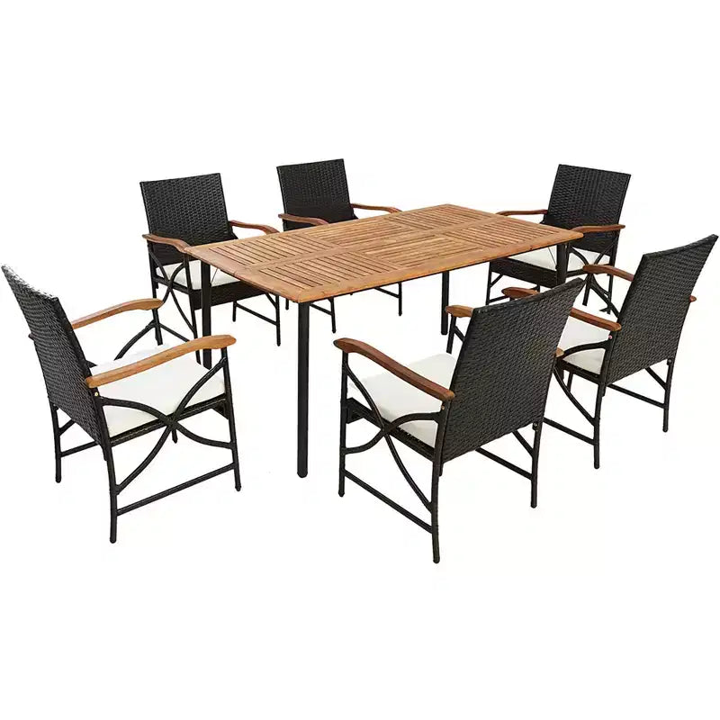 Costway Ensemble de salle à manger en osier 7 pièces pour terrasse, accoudoirs en bois d'acacia, table avec trou pour parasol