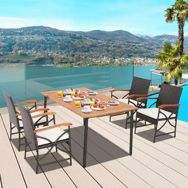 Costway Ensemble de salle à manger en osier 7 pièces pour terrasse, accoudoirs en bois d'acacia, table avec trou pour parasol