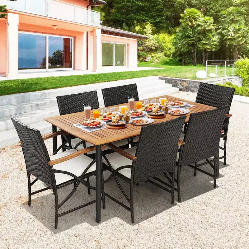 Costway Ensemble de salle à manger en osier 7 pièces pour terrasse, accoudoirs en bois d'acacia, table avec trou pour parasol