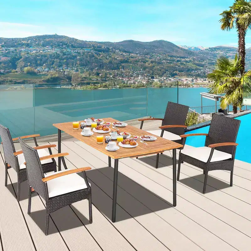 Costway Ensemble repas de patio 7 pièces coussin accoudoirs en bois d'acacia table avec trou pour parasol