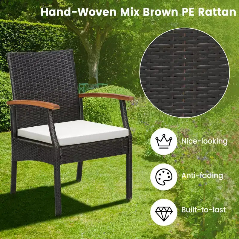 Costway Ensemble repas de patio 7 pièces coussin accoudoirs en bois d'acacia table avec trou pour parasol