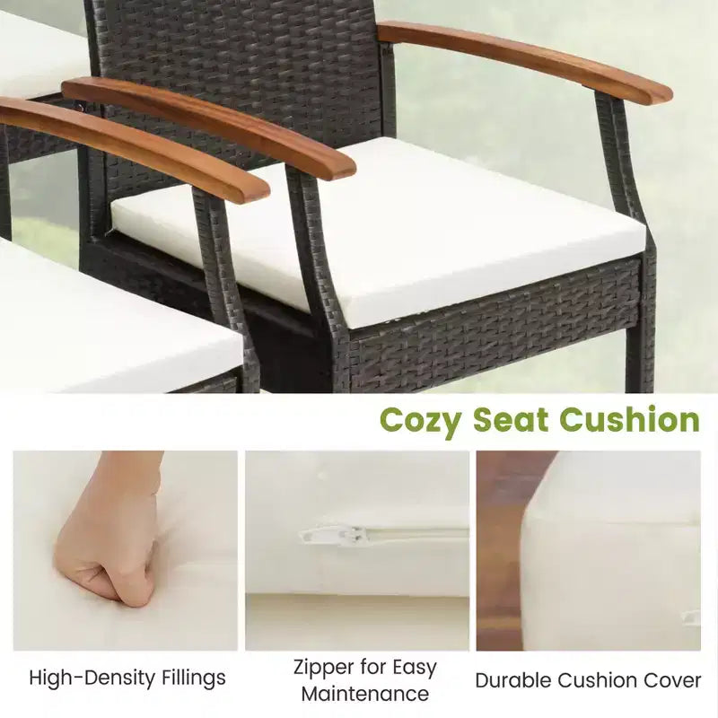 Costway Ensemble repas de patio 7 pièces coussin accoudoirs en bois d'acacia table avec trou pour parasol