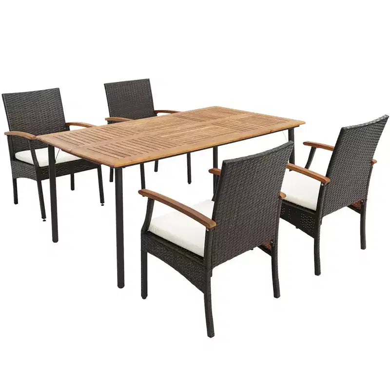 Costway Ensemble repas de patio 7 pièces coussin accoudoirs en bois d'acacia table avec trou pour parasol