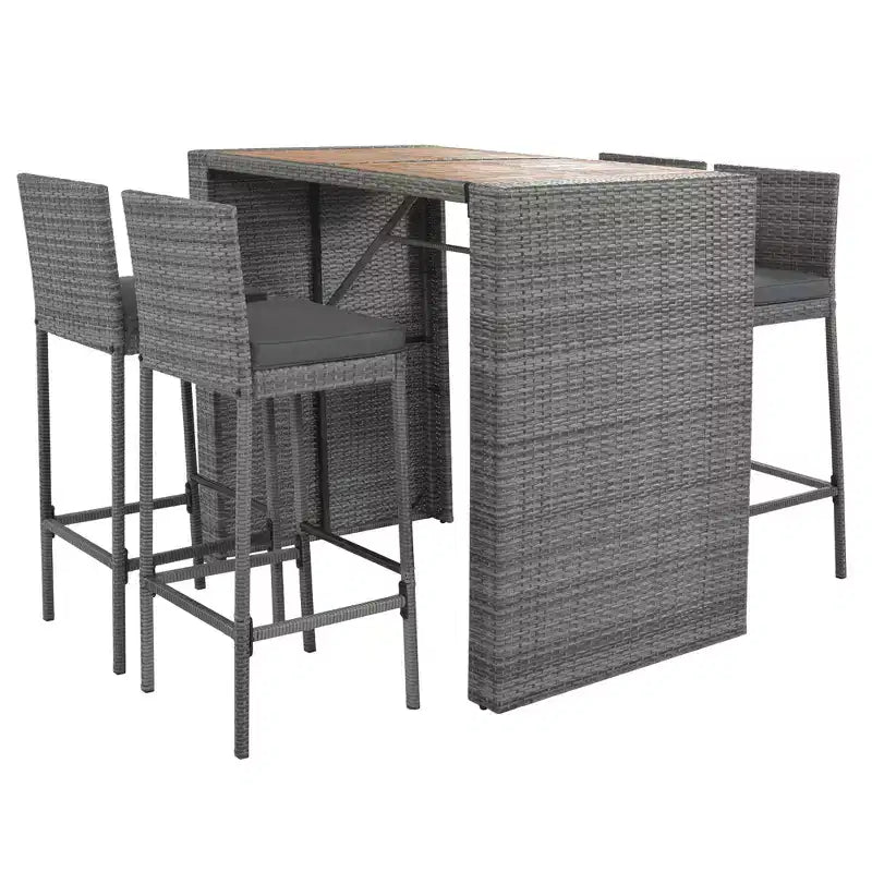 Set Bar da Esterno 5 Pezzi in Legno di Acacia e Rattan con Sgabelli da Bar e Cuscini Rimovibili, Grigio - ModernLuxe