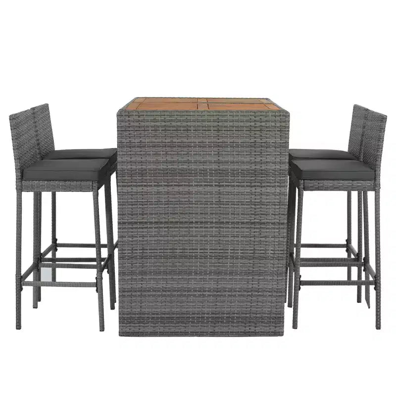 Set Bar da Esterno 5 Pezzi in Legno di Acacia e Rattan con Sgabelli da Bar e Cuscini Rimovibili, Grigio - ModernLuxe