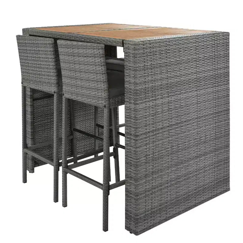 Set Bar da Esterno 5 Pezzi in Legno di Acacia e Rattan con Sgabelli da Bar e Cuscini Rimovibili, Grigio - ModernLuxe