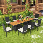Costway 10 PCS Patio Rattan Dining Set Rectangular Wood Top Tables Cushioned Chair Garden