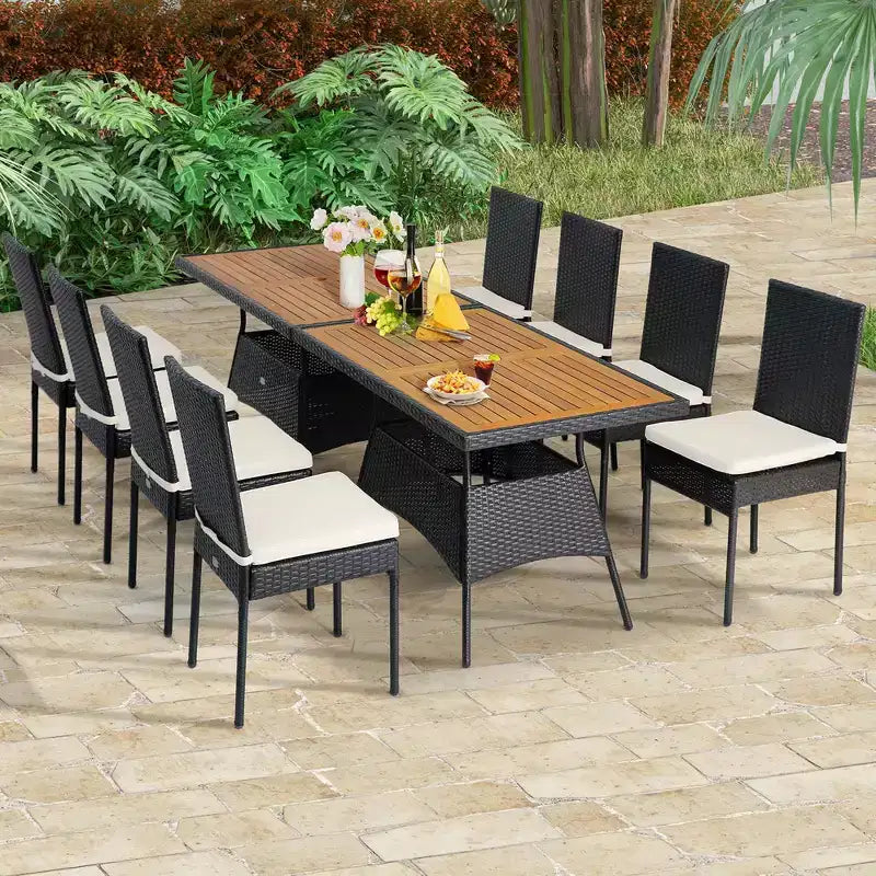 Costway Set da Pranzo in Rattan da Giardino 10 Pezzi con Tavolo Rettangolare con Piano in Legno e Sedie Imbottite