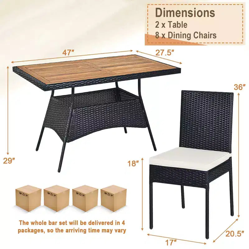 Costway Set da Pranzo in Rattan da Giardino 10 Pezzi con Tavolo Rettangolare con Piano in Legno e Sedie Imbottite