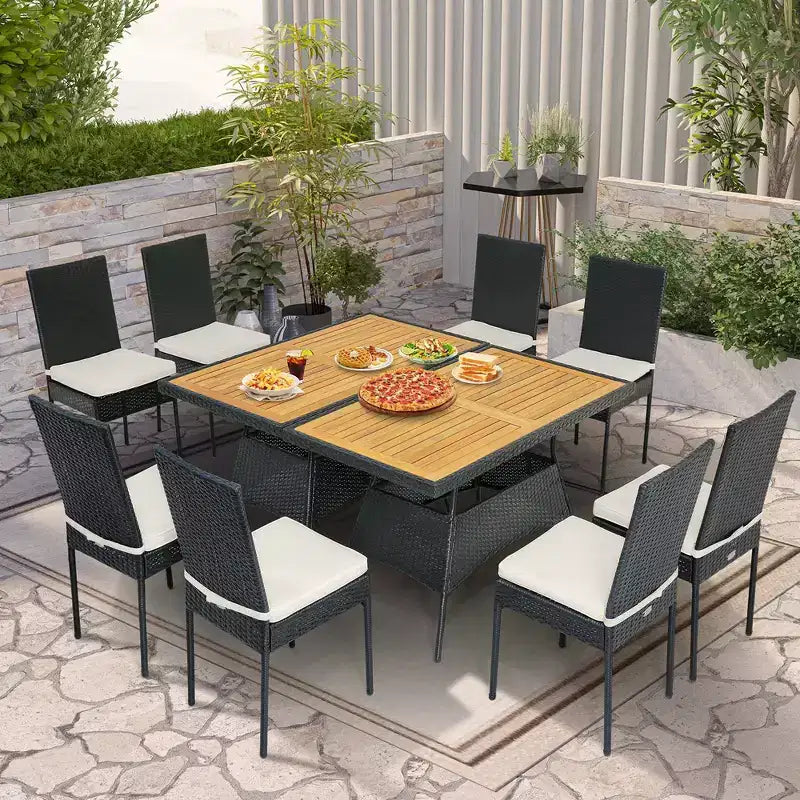 Costway Set da Pranzo in Rattan da Giardino 10 Pezzi con Tavolo Rettangolare con Piano in Legno e Sedie Imbottite