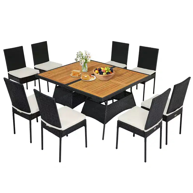 Costway Set da Pranzo in Rattan da Giardino 10 Pezzi con Tavolo Rettangolare con Piano in Legno e Sedie Imbottite