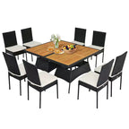 Costway Set da Pranzo in Rattan da Giardino 10 Pezzi con Tavolo Rettangolare con Piano in Legno e Sedie Imbottite