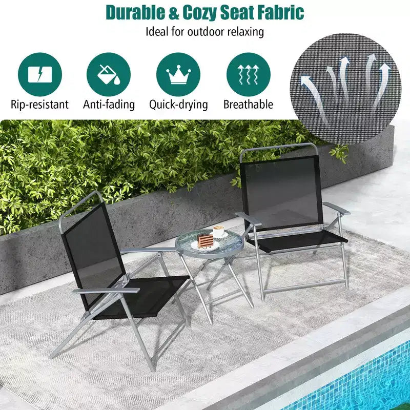 Costway Ensemble table et chaises pliantes de terrasse 3 pièces, siège extra-large, cadre en métal, portable, pour l'extérieur
