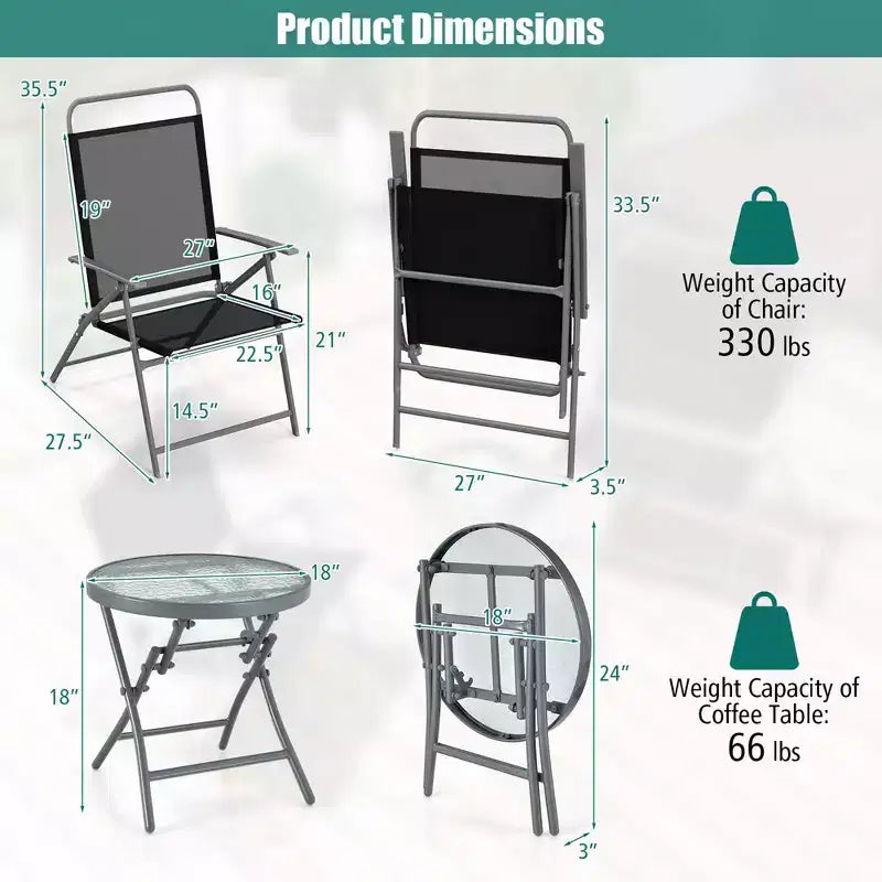Costway Ensemble table et chaises pliantes de terrasse 3 pièces, siège extra-large, cadre en métal, portable, pour l'extérieur