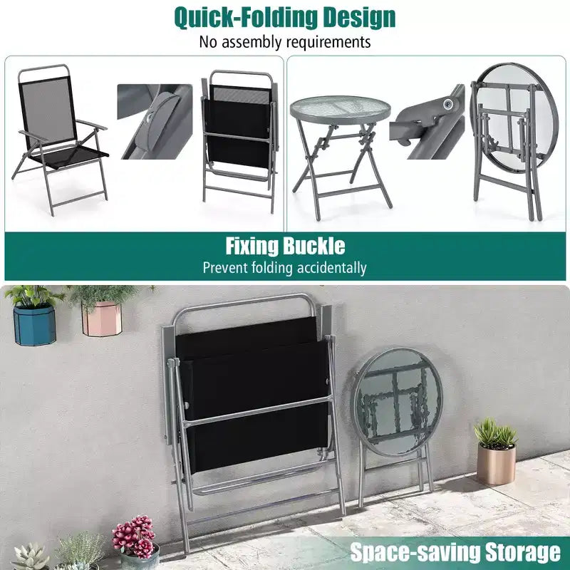 Costway Ensemble table et chaises pliantes de terrasse 3 pièces, siège extra-large, cadre en métal, portable, pour l'extérieur
