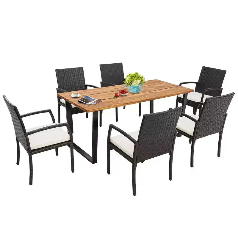 Costway Set da Pranzo per Esterni 7 Pezzi in Rattan Tavolo in Legno di Acacia 6 Sedie in Vimini con Foro per Ombrellone
