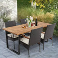 Costway 5 PCS Patio Rattan Dining Set Acacia Wood Table 4 Wicker Chairs with Umbrella Hole