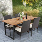 Costway 5 PCS Patio Rattan Dining Set Acacia Wood Table 4 Wicker Chairs with Umbrella Hole