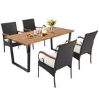 Costway Set da Pranzo da Esterno 5 Pezzi in Rattan, Tavolo in Legno di Acacia e 4 Sedie in Vimini con Foro per Ombrellone