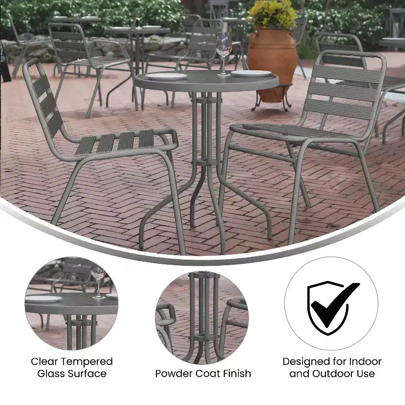 Flash Furniture Lila Tavolo Rotondo in Vetro e Metallo da 23,75" con 2 Sedie a Slat Impilabili in Alluminio e Metallo