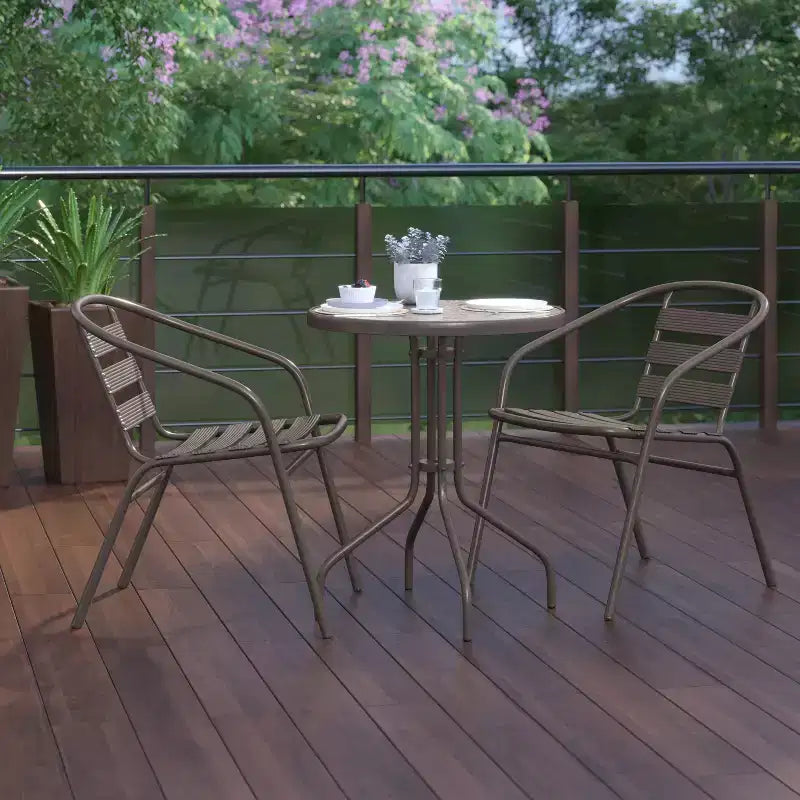 Flash Furniture Lila Tavolo Rotondo in Vetro e Metallo da 23,75" con 2 Sedie a Slat Impilabili in Alluminio e Metallo