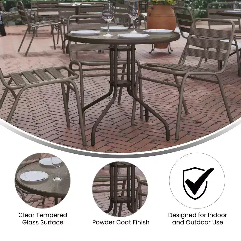 Flash Furniture Lila tavolo tondo in vetro e metallo da 31,5" con 4 sedie impilabili in metallo e alluminio a doghe