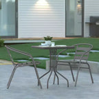 Table Emma et Oliver carrée à plateau en verre de 59,7 cm avec 2 chaises empilables à lattes en aluminium