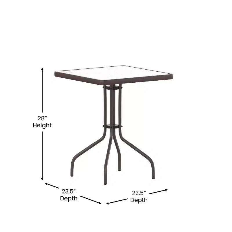 Table Emma et Oliver carrée à plateau en verre de 59,7 cm avec 2 chaises empilables à lattes en aluminium