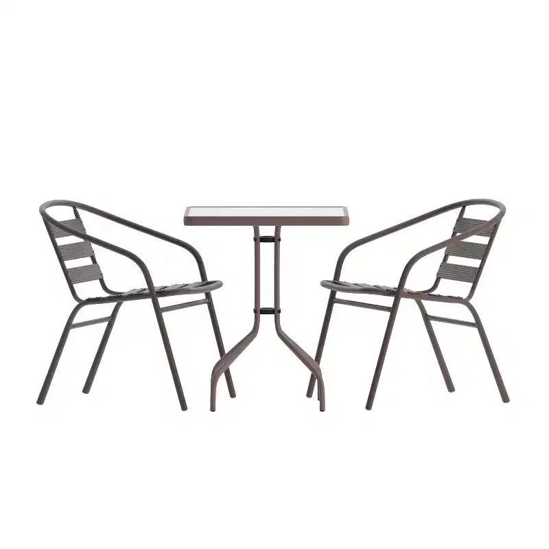 Table Emma et Oliver carrée à plateau en verre de 59,7 cm avec 2 chaises empilables à lattes en aluminium