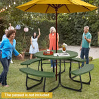 Costway Table de pique-nique ronde d'extérieur 8 places avec 4 bancs et trou pour parasol Noir/Gris/Vert/Blanc