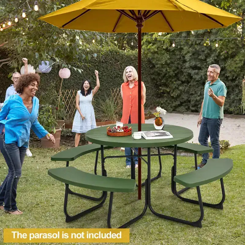 Costway Table de pique-nique ronde d'extérieur 8 places avec 4 bancs et trou pour parasol Noir/Gris/Vert/Blanc