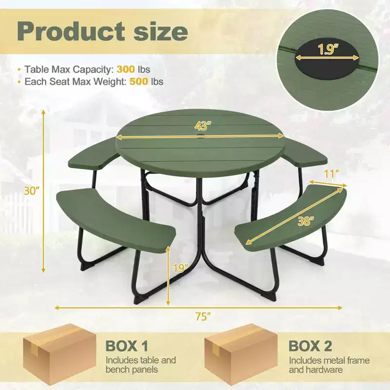 Costway Table de pique-nique ronde d'extérieur 8 places avec 4 bancs et trou pour parasol Noir/Gris/Vert/Blanc