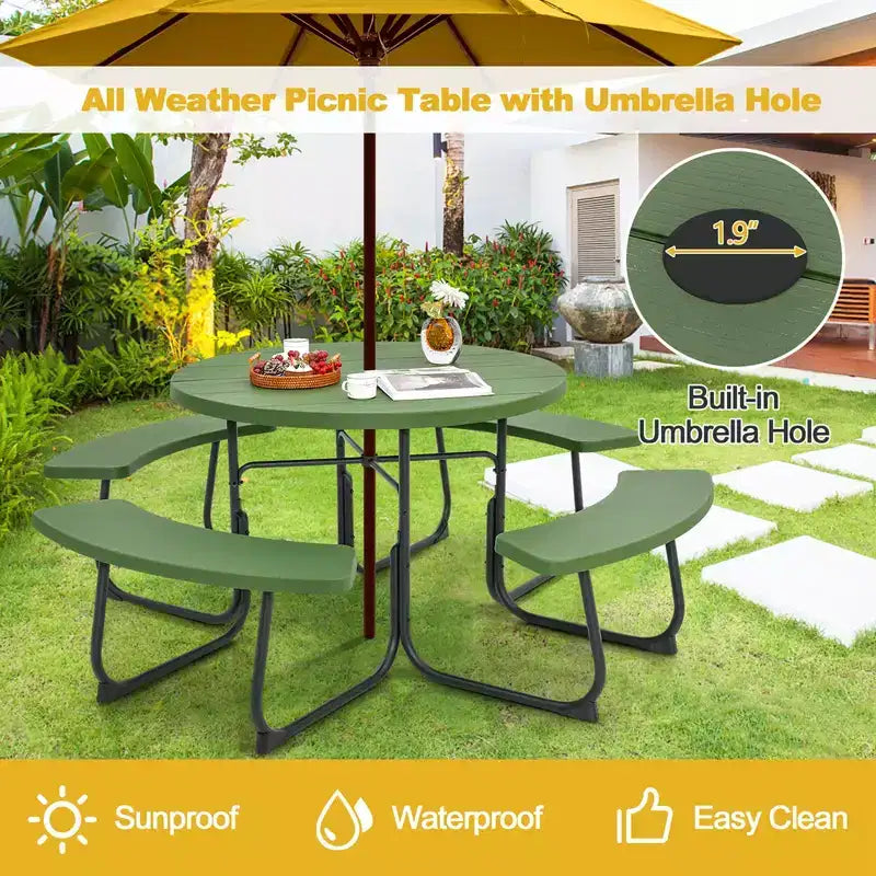 Costway Table de pique-nique ronde d'extérieur 8 places avec 4 bancs et trou pour parasol Noir/Gris/Vert/Blanc