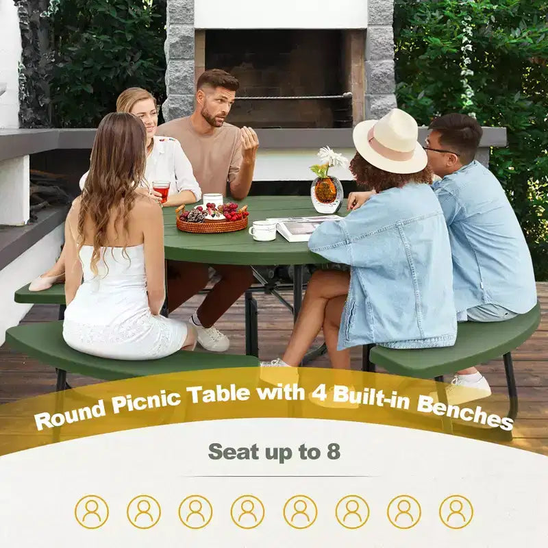 Costway Table de pique-nique ronde d'extérieur 8 places avec 4 bancs et trou pour parasol Noir/Gris/Vert/Blanc