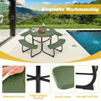 Costway Table de pique-nique ronde d'extérieur 8 places avec 4 bancs et trou pour parasol Noir/Gris/Vert/Blanc