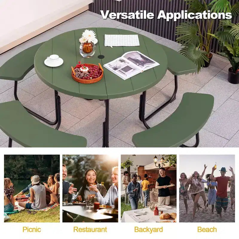 Costway Table de pique-nique ronde d'extérieur 8 places avec 4 bancs et trou pour parasol Noir/Gris/Vert/Blanc