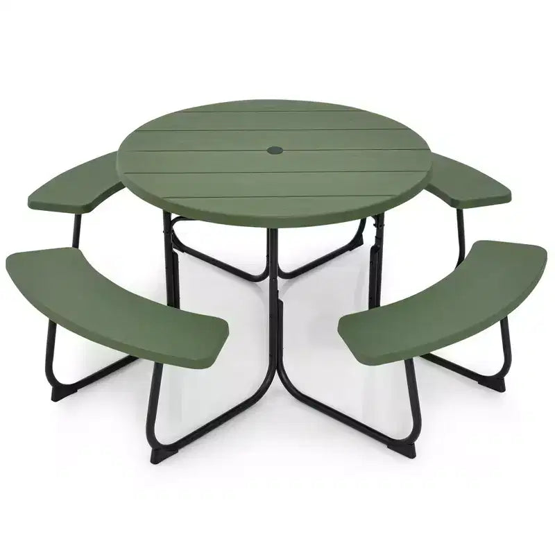 Costway Table de pique-nique ronde d'extérieur 8 places avec 4 bancs et trou pour parasol Noir/Gris/Vert/Blanc