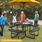 Costway Table de pique-nique ronde d'extérieur 8 places avec 4 bancs et trou pour parasol Noir/Gris/Vert/Blanc