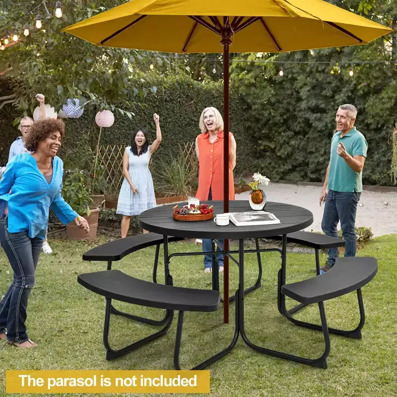 Costway Table de pique-nique ronde d'extérieur 8 places avec 4 bancs et trou pour parasol Noir/Gris/Vert/Blanc