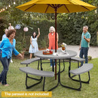 Costway Table de pique-nique ronde d'extérieur 8 places avec 4 bancs et trou pour parasol Noir/Gris/Vert/Blanc