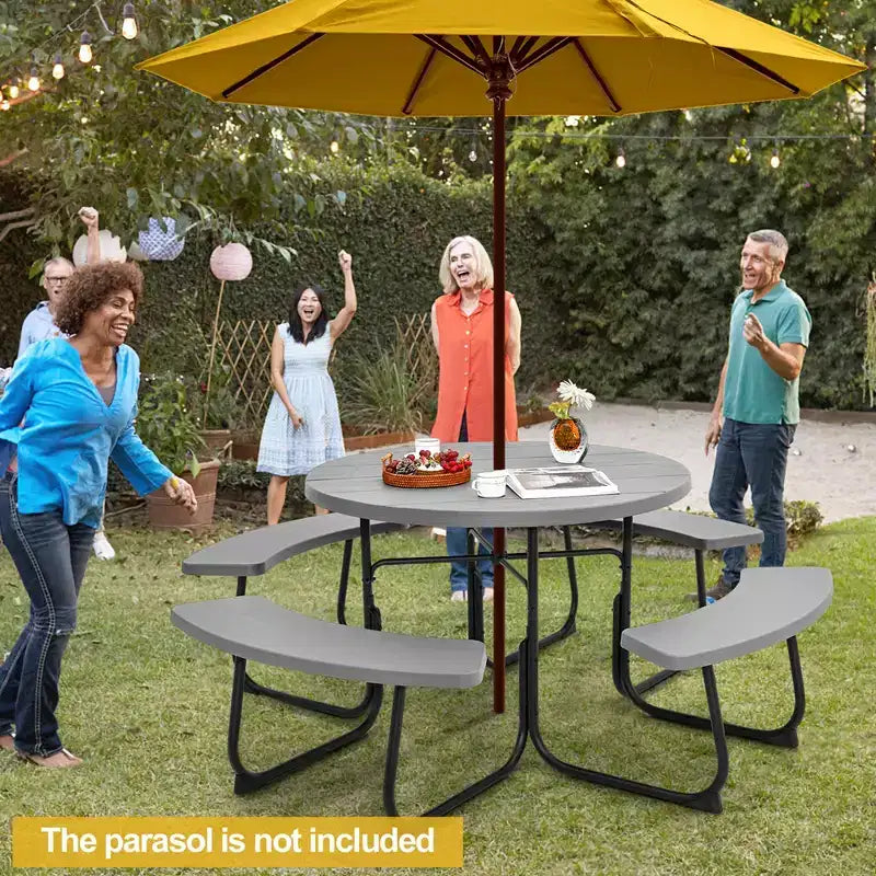 Costway Table de pique-nique ronde d'extérieur 8 places avec 4 bancs et trou pour parasol Noir/Gris/Vert/Blanc