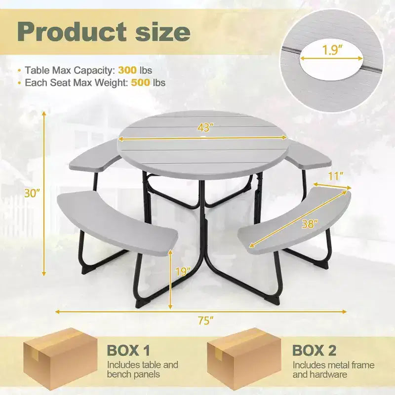 Costway Table de pique-nique ronde d'extérieur 8 places avec 4 bancs et trou pour parasol Noir/Gris/Vert/Blanc