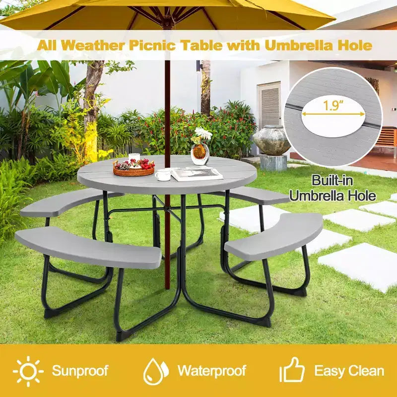 Costway Table de pique-nique ronde d'extérieur 8 places avec 4 bancs et trou pour parasol Noir/Gris/Vert/Blanc