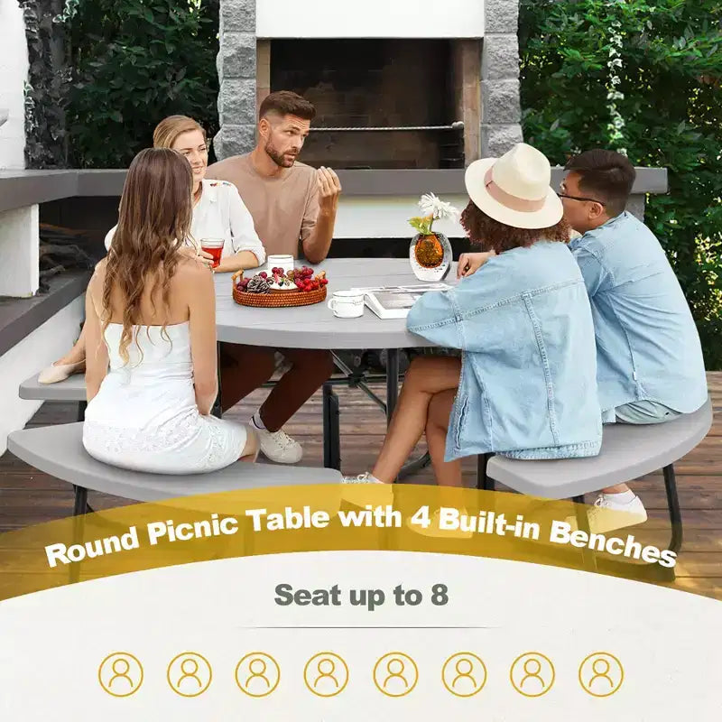 Costway Table de pique-nique ronde d'extérieur 8 places avec 4 bancs et trou pour parasol Noir/Gris/Vert/Blanc