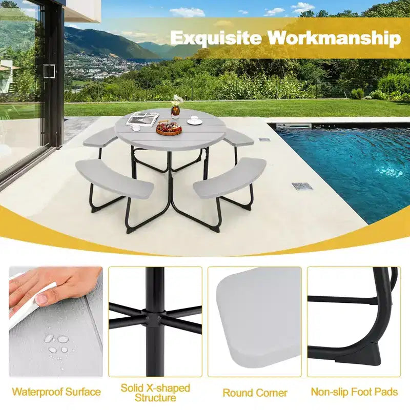 Costway Table de pique-nique ronde d'extérieur 8 places avec 4 bancs et trou pour parasol Noir/Gris/Vert/Blanc