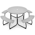 Costway Table de pique-nique ronde d'extérieur 8 places avec 4 bancs et trou pour parasol Noir/Gris/Vert/Blanc